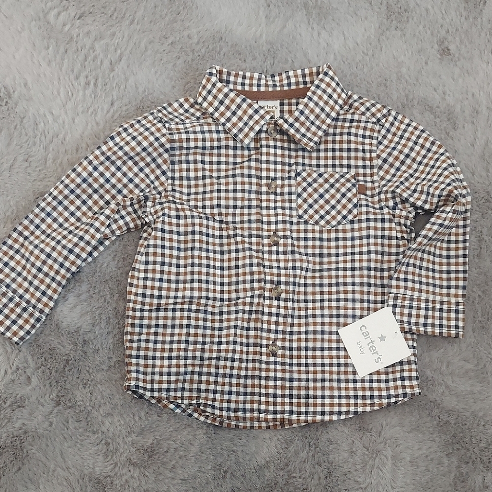Carter's Brown and White Checkered Button Down Shirt